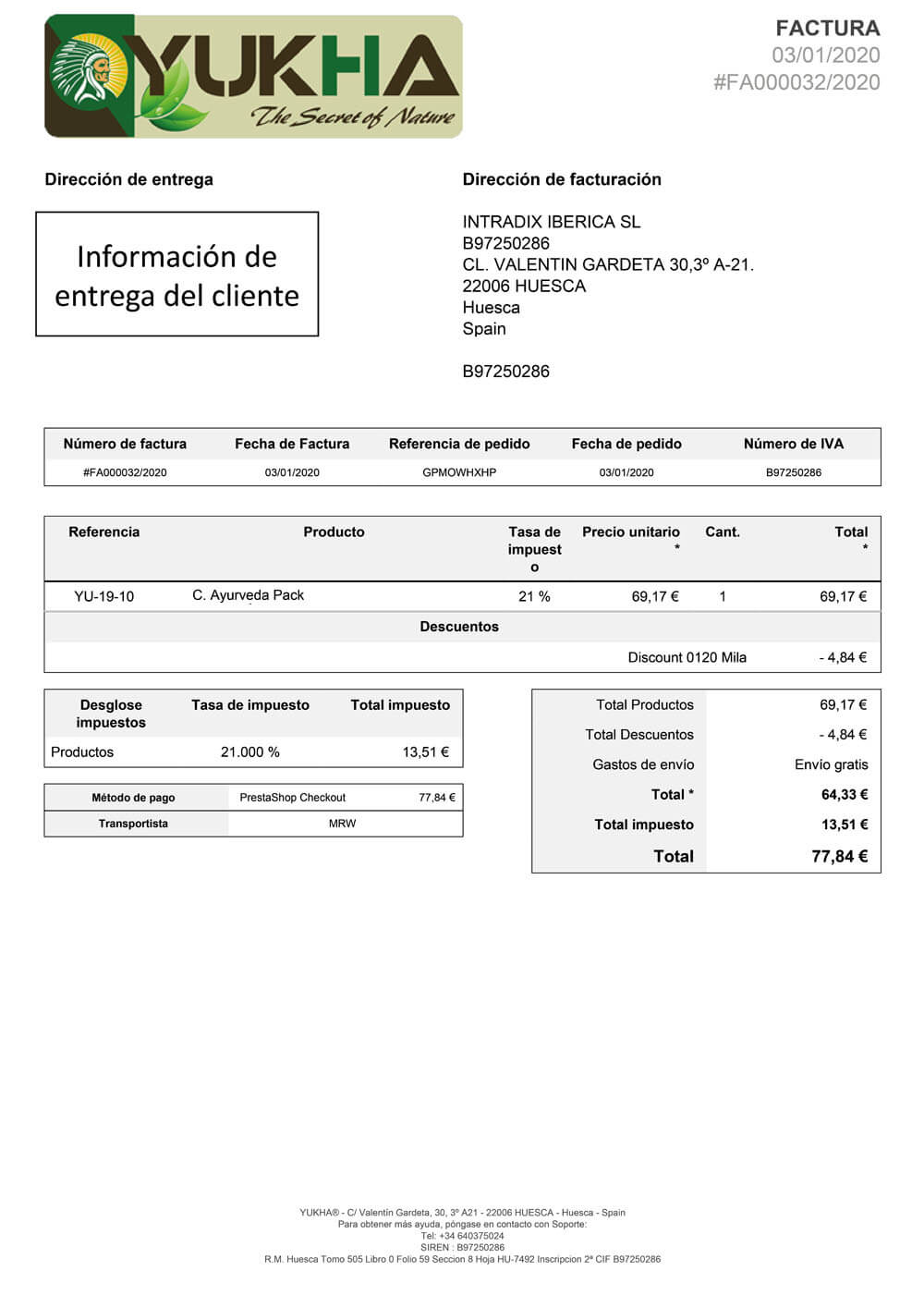 En el detalle de la factura, hemos tapado los datos del cliente para proteger su intimidad.